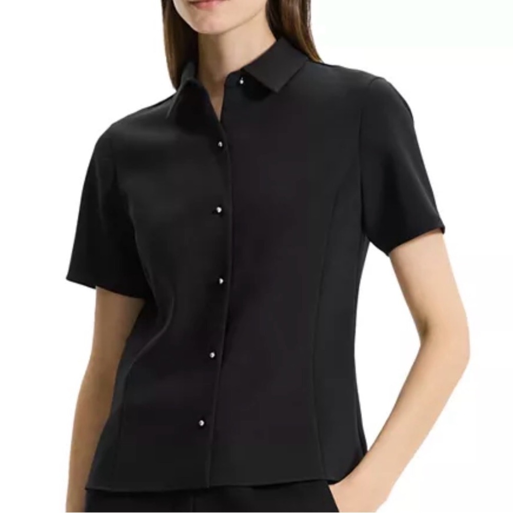 Theory Black Tailor Crepe Short Sleeve Button Down Shirt Size L